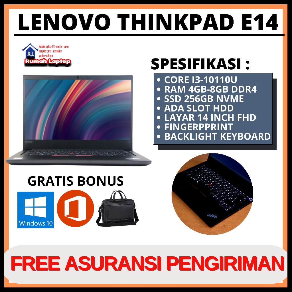 Jual PROMO Laptop Lenovo Thinkpad E14 Core I3 10110u Ram 8gb Ssd 256Gb