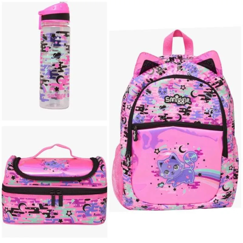 Jual Smiggle Paket Backpack + Bottle + Lunchbox Kuning Cat Kitten Tas