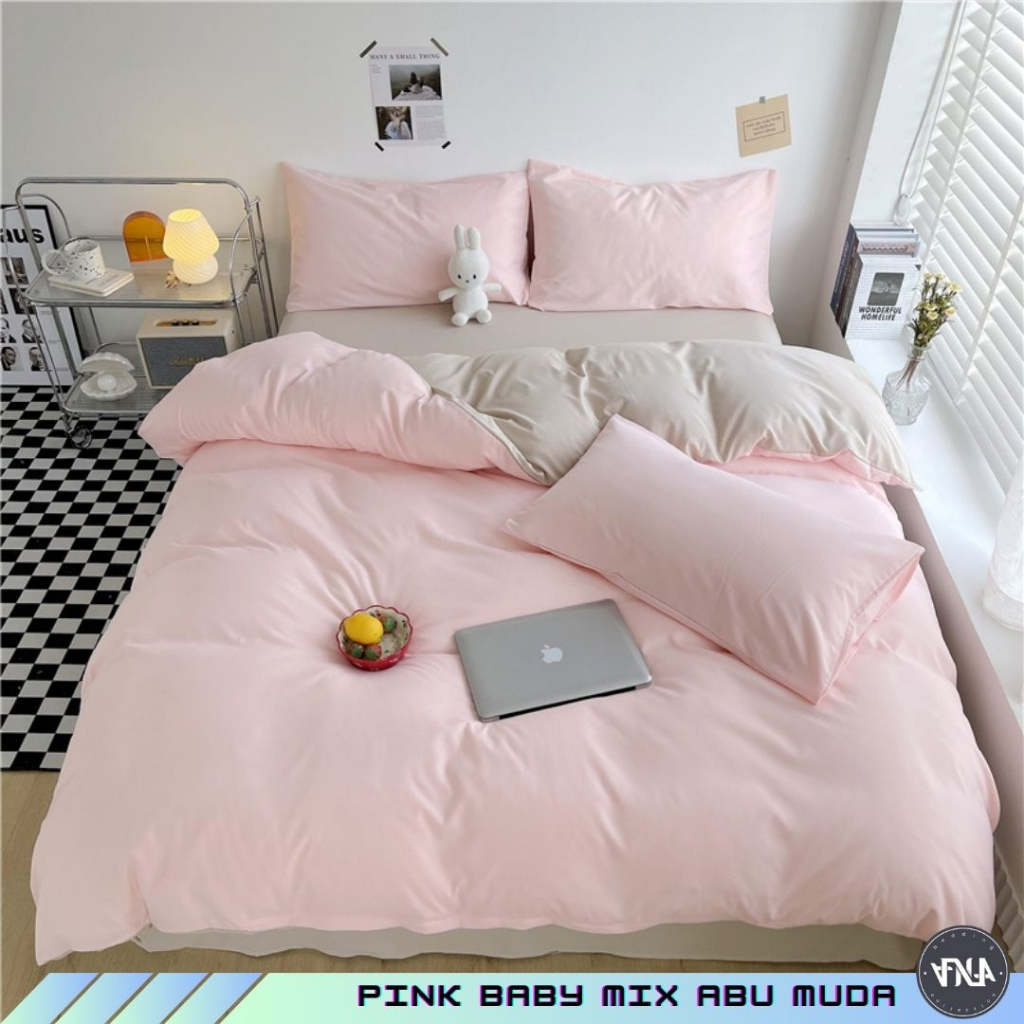 Jual BEDCOVER SET/Bedcover+sprei Motif Pink Muda Polos KombinasI Abu ...