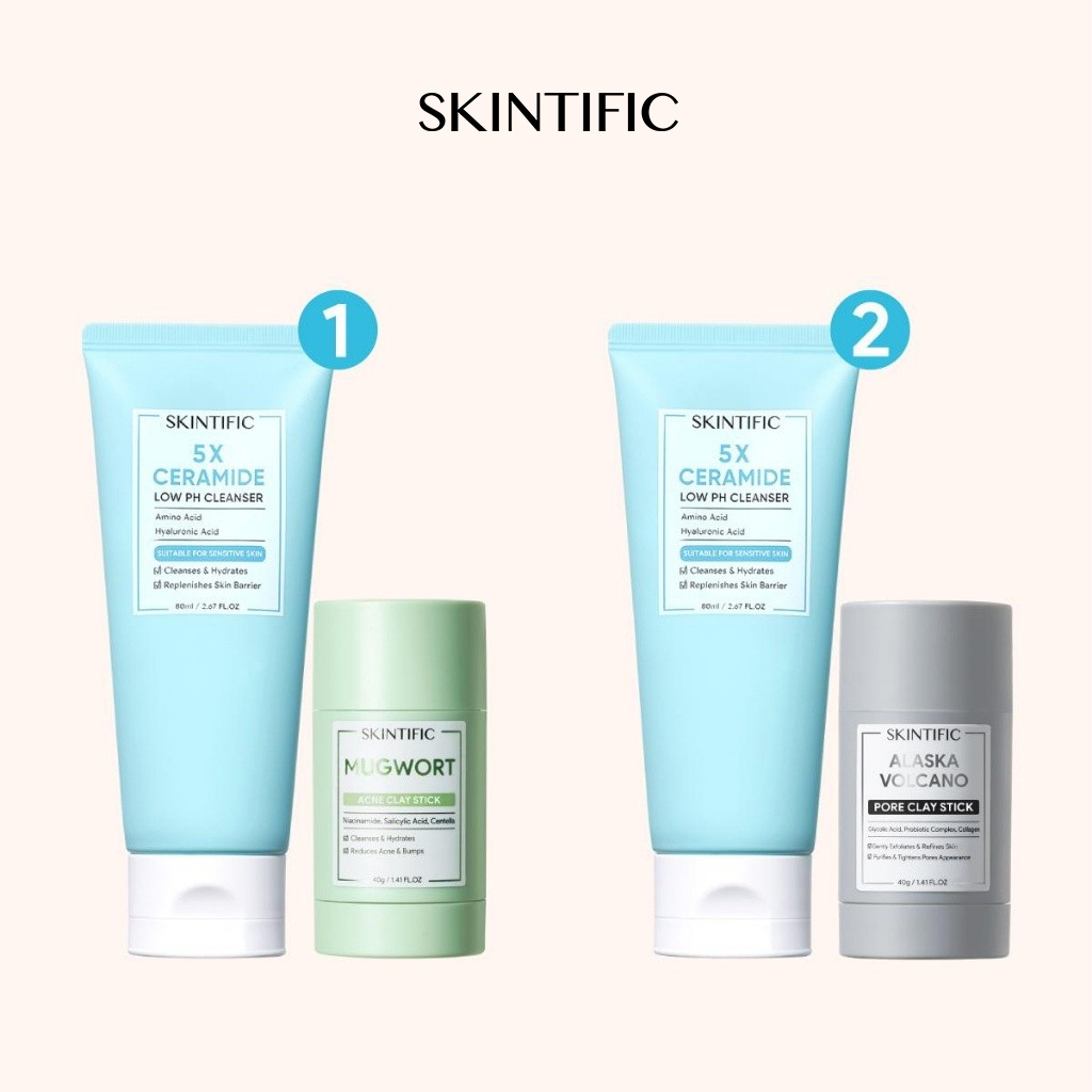 SKINTIFIC Paket 2pcs Clay Mask Stick + Facial Cleanser