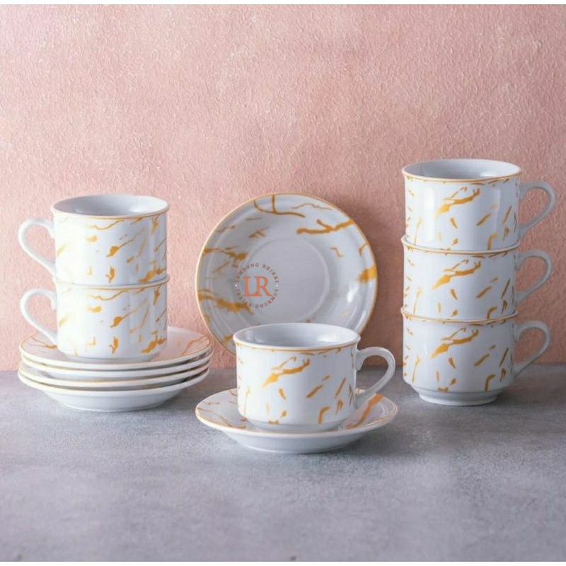 Jual Cangkir Set Keramik Segi 220 ml | Cangkir Marble whiteline