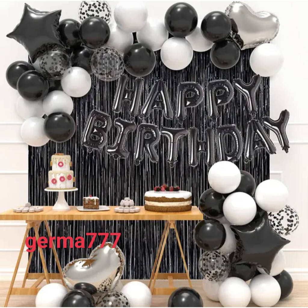 Paket Dekorasi Pesta Ulang Tahun Anak Warna Hitam Happy Birthday Simple Free Balon Angka