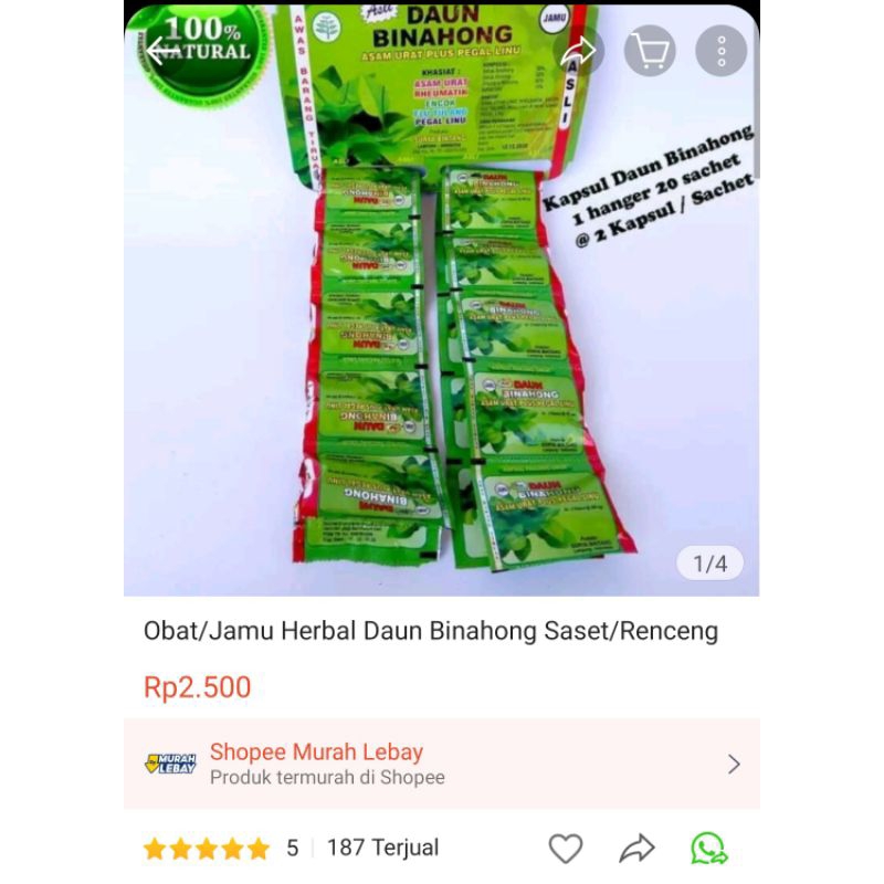 Jual Obat/Jamu Herbal kapsul Daun Binahong harga persaset 2 tablet