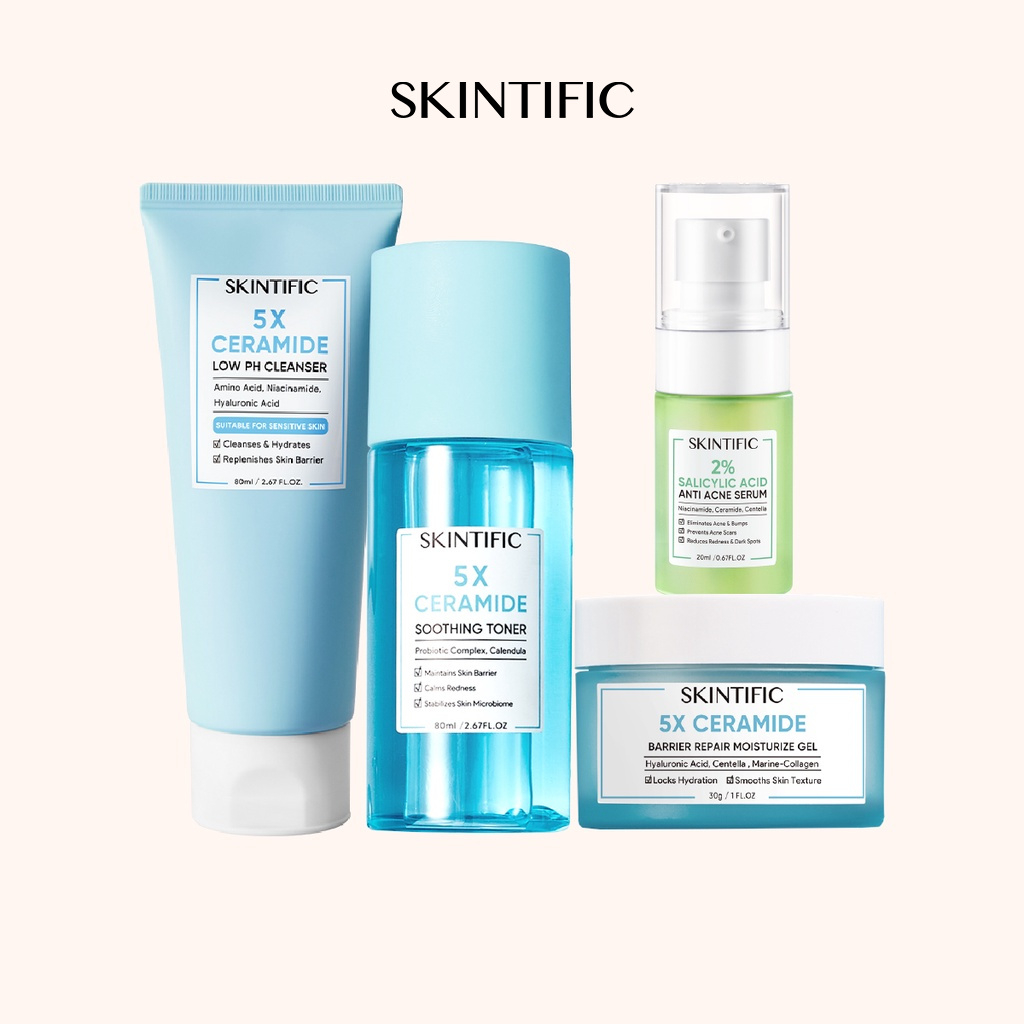 SKINTIFIC 4pcs set 5X Ceramide Low pH Cleanser Gentle Cleanser 80Ml & 5X Ceramide Barrier Moisturize Gel Moisturizer 30G & 2% Salicylic Acid Anti Acne Serum & 5X Ceramide Soothing Toner 80ml