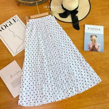 Rok Plisket Panjang Wanita Motif Polkadot Kecil Rok Polca Maxi Skirt A Line Rok Onde