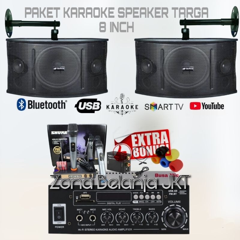 Jual PAKET SOUND SYSTEM KARAOKE HEMAT SPEAKER TARGA 8 INCH AMPLIFIER USB BLUETOOTH MURAH