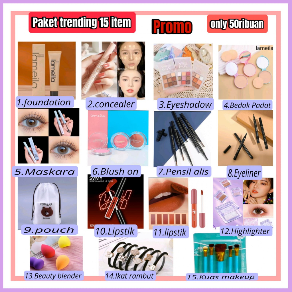 Jual PAKET TRENDING 15 ITEM dapat 2 lipstik MAKEUP LENGKAP SET KOSMETIK