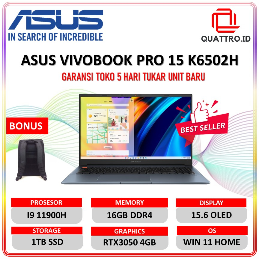 Asus Vivobook 15 OLED K6502HC RTX3050 4GB Intel Core i9 11900H 16GB 1TB SSD