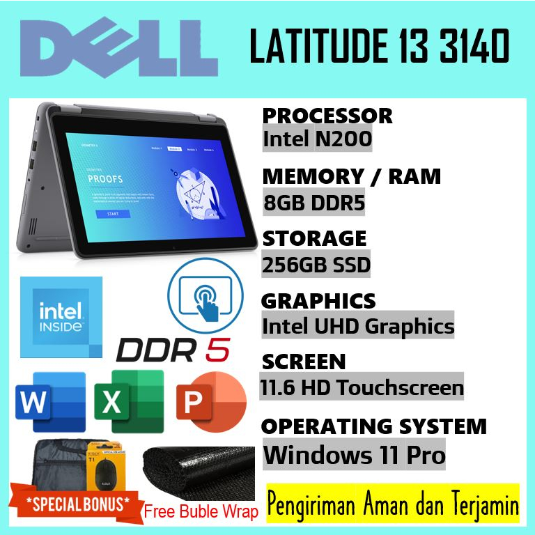 Jual laptop touchscreen dell latitude 3140 intel N200 8GB DDR5 256GB
