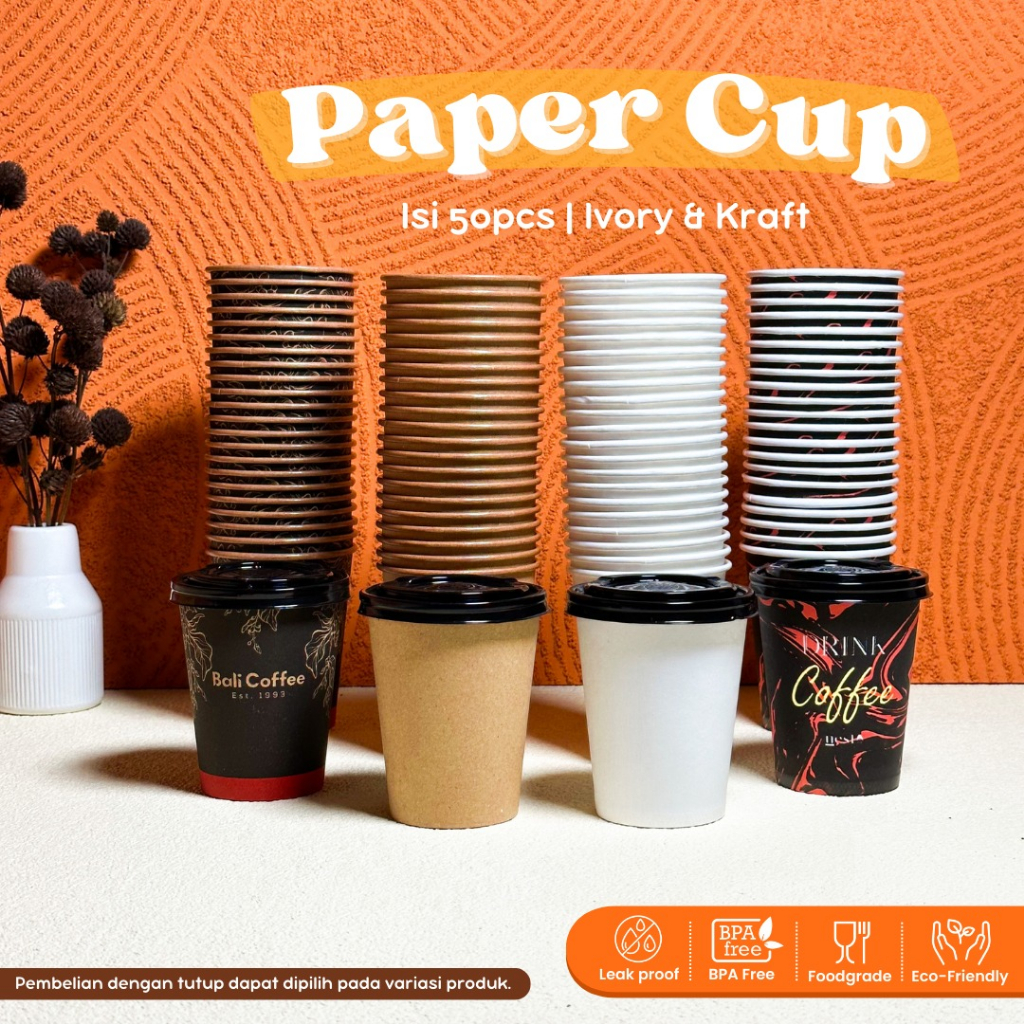 Jual Isi 50pcs Paper Cup 8 Oz 240ml Gelas Kertas Kopi Teh Polos Motif Tahan Panas Hot 7766