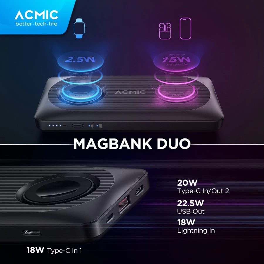 ACMIC MAGBANK DUO 5000 - 10000mAh Magsafe Wireless Powerbank Charger for iPhone Apple Watch