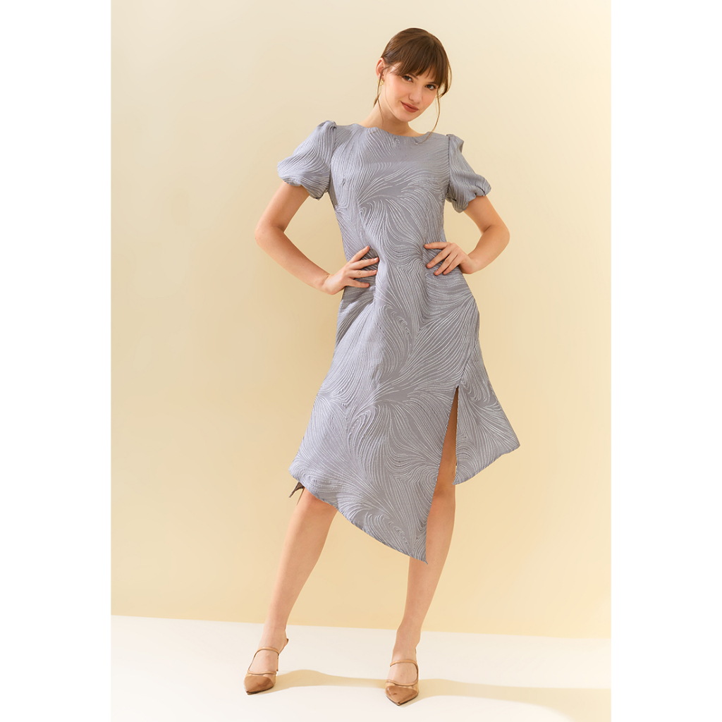 Jual ESYE - Elia Jacquard Dress | Gaun Midi Puff Sleeve Beige & Biru ...
