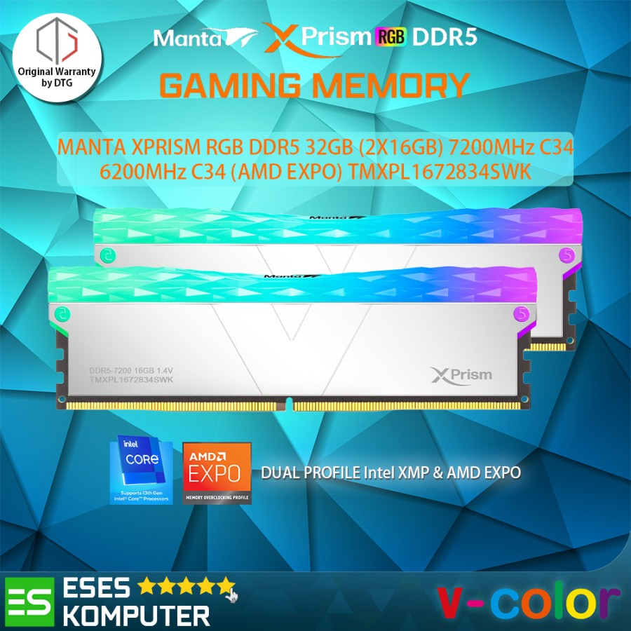 Jual RAM v-color DDR5 MANTA XPRISM RGB 32GB (2x16GB) 7200MHz C34 SILVER ...