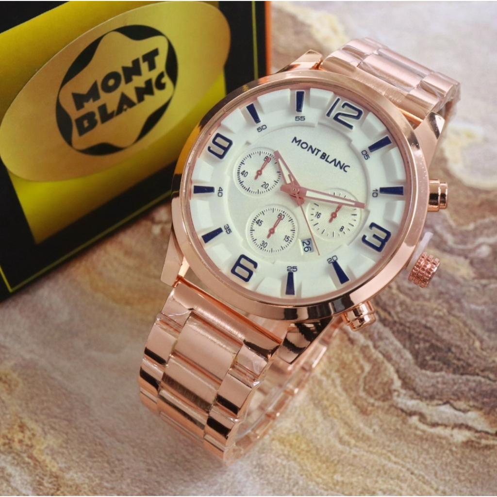 Jam Tangan Pria Montblanc Tali Rantai Body Bulat Chrono Variasi Tanggal  Aktif Box Exclusive