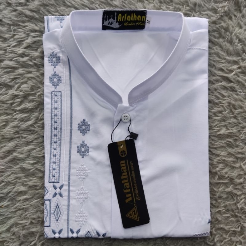 Baju Koko dewasa bordir lengan pendek putih M L XL / baju muslim dewasa putih lengan pendek bordir Arfathan premium