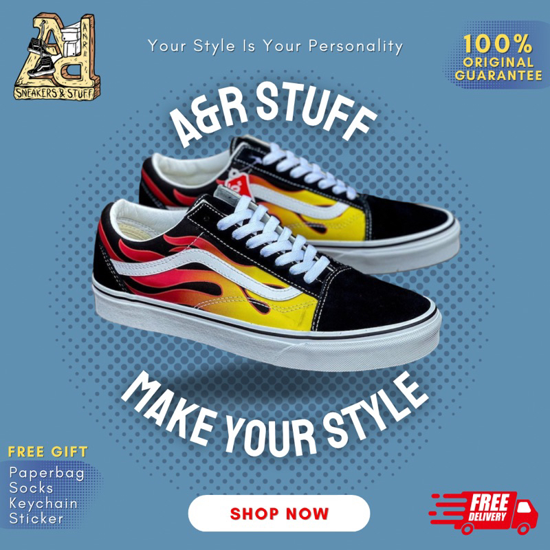 Jual VANS OLD SKOOL FLAME CLASSIC BLACK WHITE ORIGINAL 100 BNIB