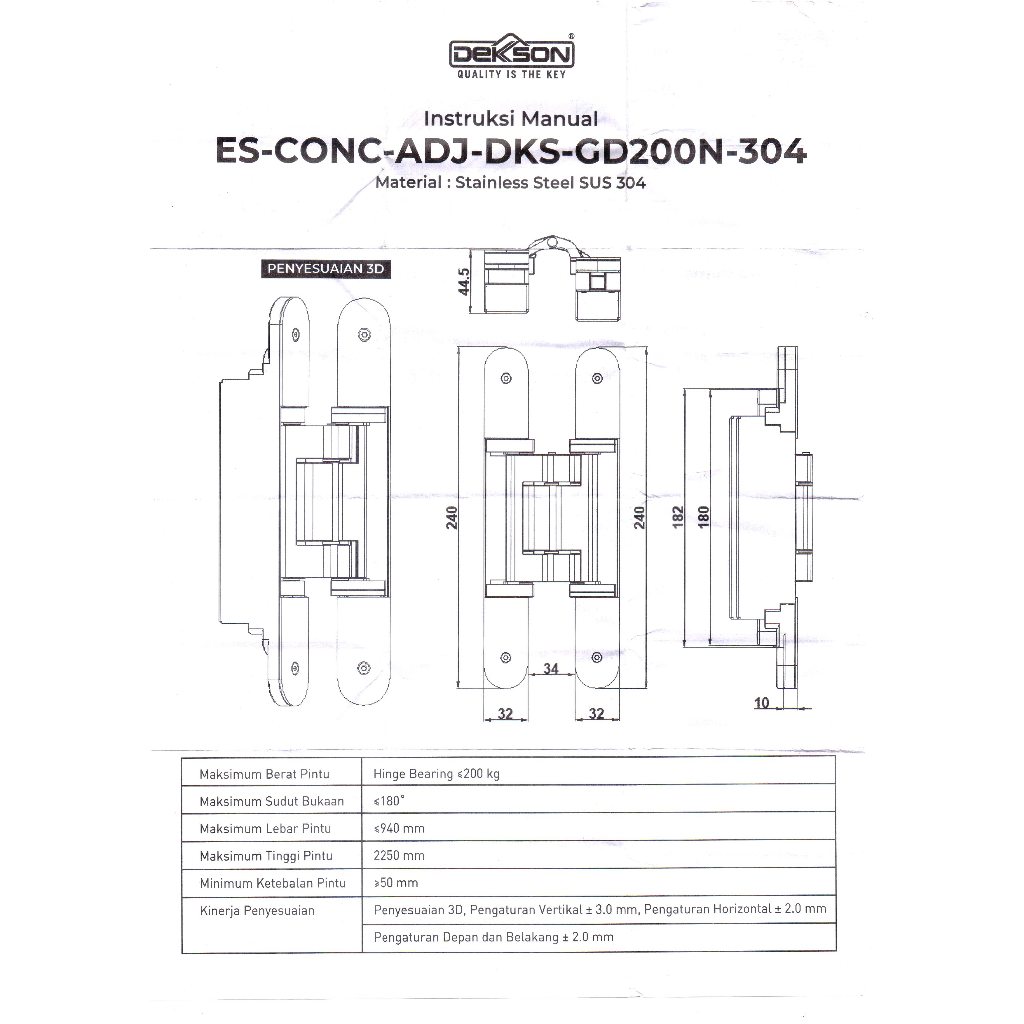 Jual CONCEALED HINGE DEKKSON ADJUSTABLE SUS 304 ESS CONC GD200N 200 KG