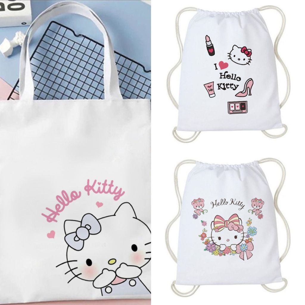 Jual Totebag Tote bag Hello Kitty Lucu Tas Serut Kanvas Wanita Goodie