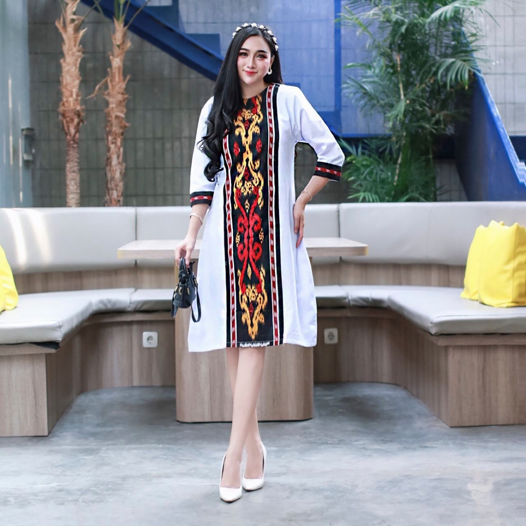 Dress Songket Tenun Troso Modern Tunik Wanita Korea Atasan Wanita Batik Midi Kombinasi Ethnic Kerja Kondangan Pesta