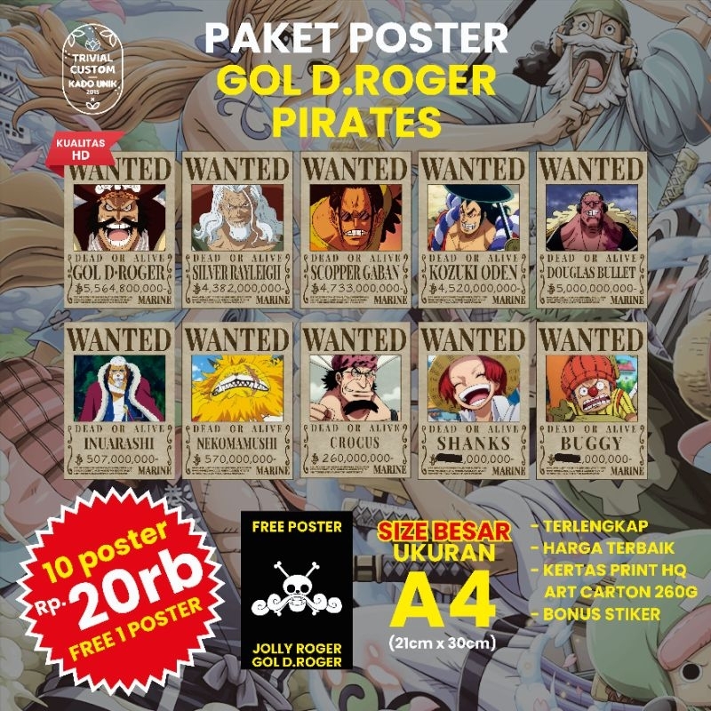 Jual Poster Bounty ONE PIECE | Wanted GOL D.ROGER | Satuan Ukuran A4 ...