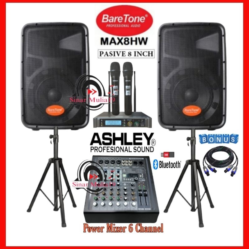 Jual Paket Karaoke Speaker BareTone MAX08HW ASHLEY M6000 + 2 Mic
