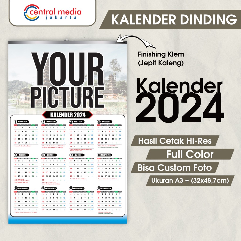 Jual Cetak Kalender Dinding 2024 Custom Foto AC 260 Jepit Kaleng ...