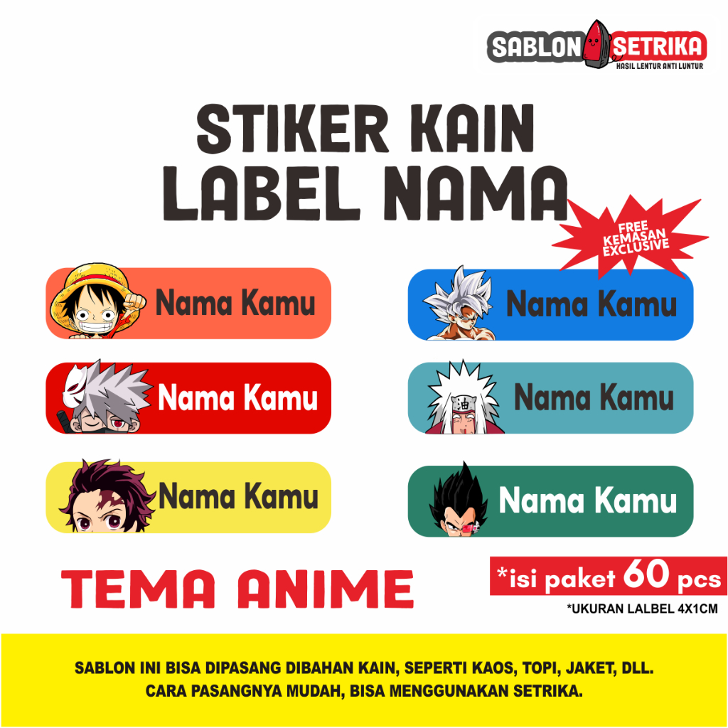 Jual Sablon Label Nama Stiker Kain Setrika Anime Isi 60 Pcs Shopee