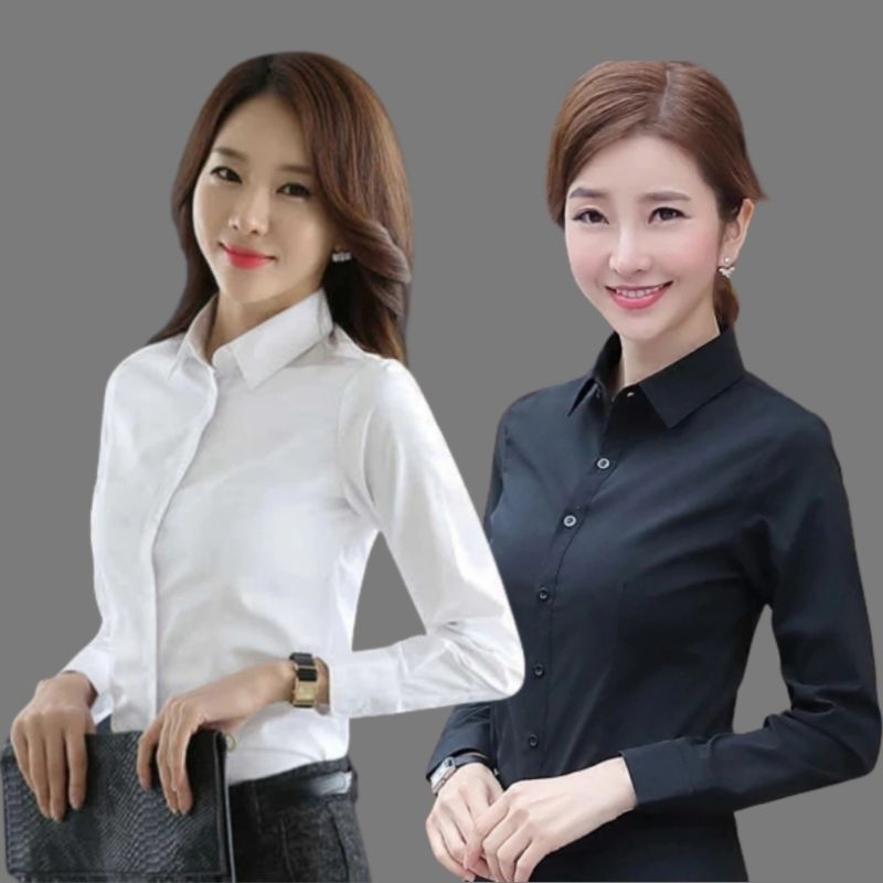 Jual Kemeja Polos Wanita Atasan Kasual Polos Putih Hitam Formal Kemeja