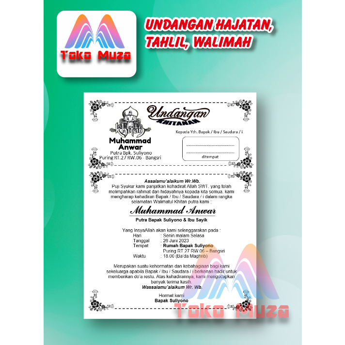 Jual CETAK UNDANGAN KENDURI/HAJATAN/PERNIKAHAN/KHITANAN/TAHLILAN/AQIQAH