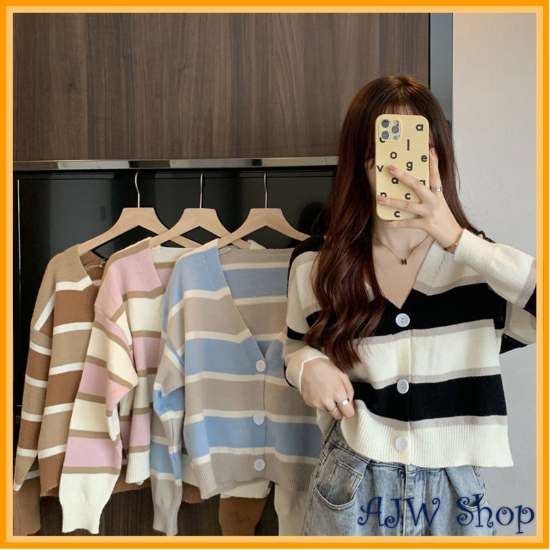 Jual Ajw Cardigan Crop Rajut Korean Style Wak Cardigan Stripe Wanita