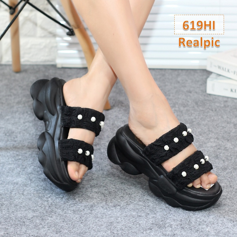 Sandal Wanita Selop Double Embos Mutiara Sole cm Hitam Kuning Pink Putih  Tosca (BM522)