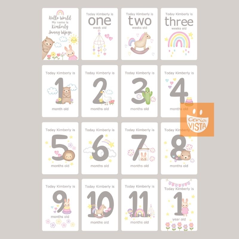 Jual Baby Milestone Card Watercolor Cute Bunny Rabbit Bear Rainbow ...