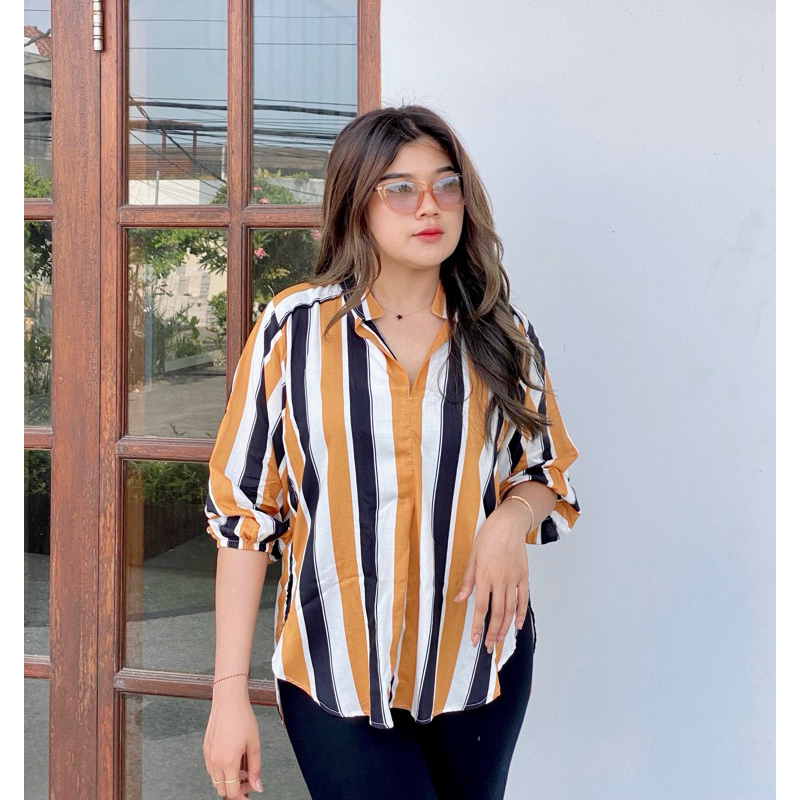 Jual Kemeja Blouse Jumbo Strip Salur Wanita | Shopee Indonesia