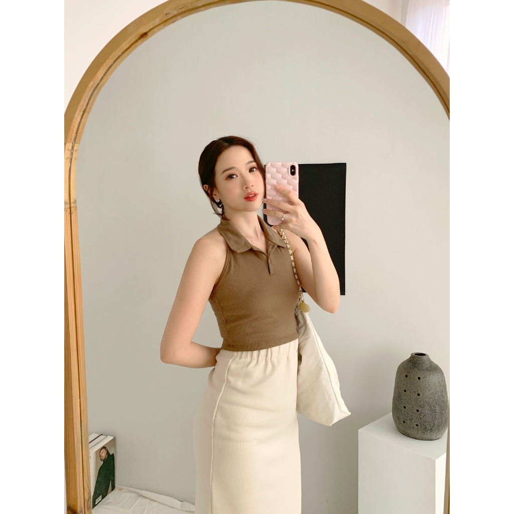 Jual Korean Knit Tank Top Crop Top Kerah Kancing Tengtop Rajut Korea ...