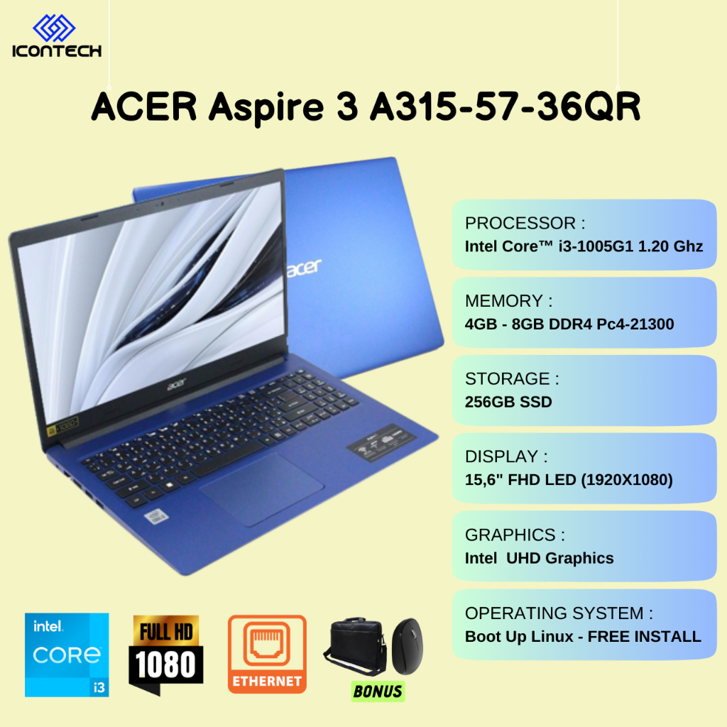 Jual ACER Aspire 3 A315-57-36QR | Intel i3-1005G1 | 256GB SSD | 15,6 ...