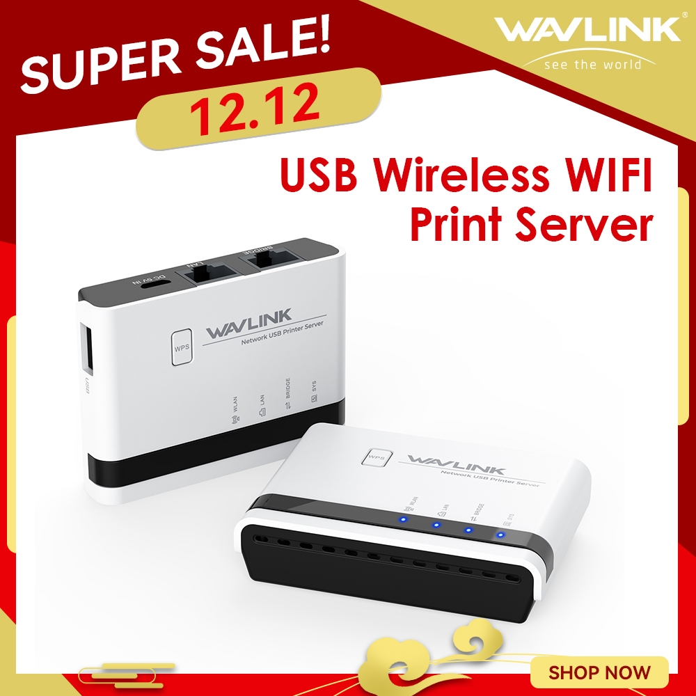 WAVLINK USB Wireless Print Server, WiFi Print Server with 10/100Mbps  LAN/Bridge, 480Mbps USB2.0, Support Wired/Wireless/Standalone Modes,  Compatible