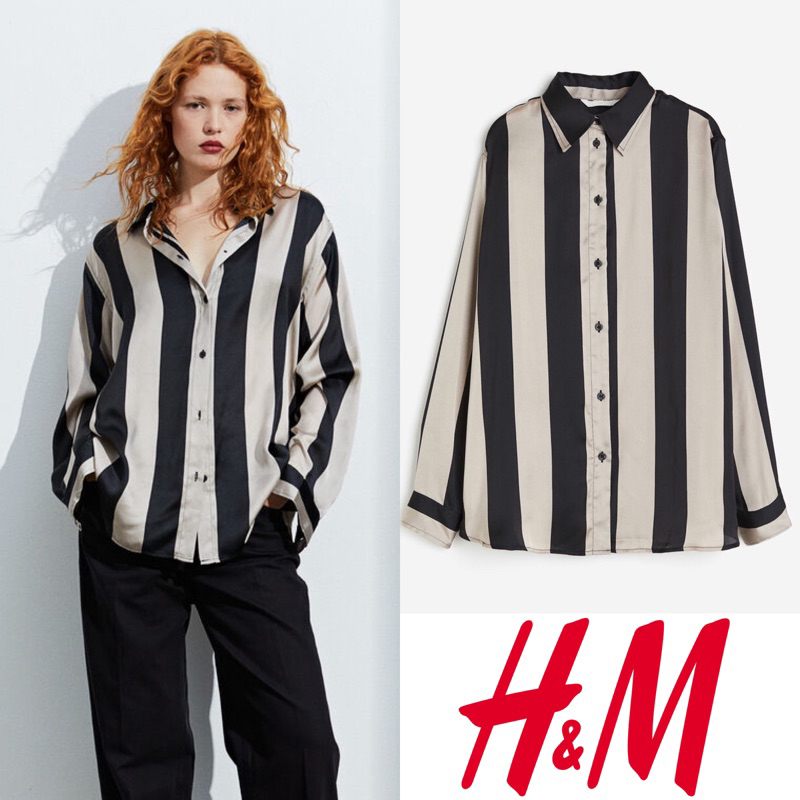 Jual H M Hnm Hm Black Beige Stripes Oversize Satin Shirt Kemeja