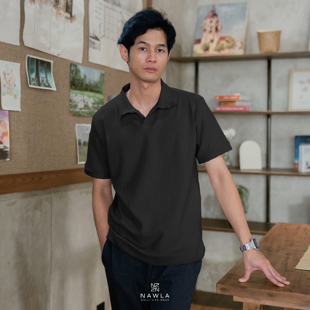 Jual Nawla - Baju Atasan Pria Polo Shirt Bahan Knit Waffle Rib Laki