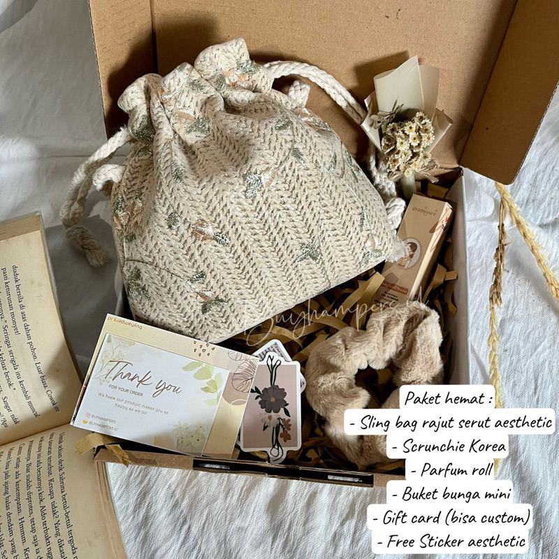Jual Hampers cewek aesthetic sling bag rajut serut kado ulang tahun ...