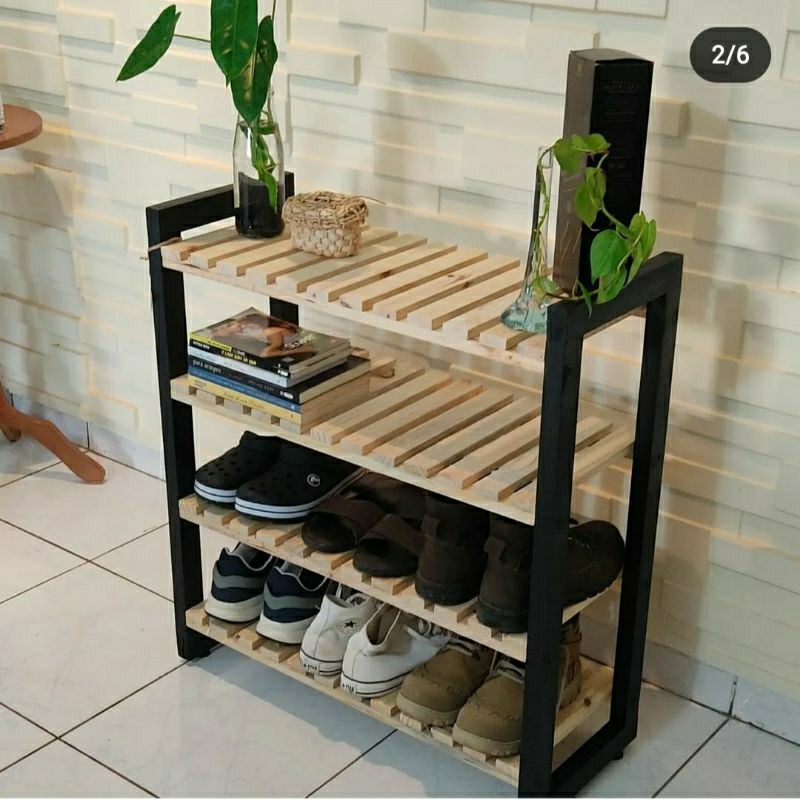 Jual Rak sepatu susun 4 kayu alas kaki sandal bunga buku | Shopee Indonesia