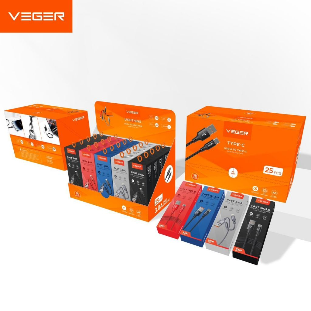 Jual VEGER KABEL DATA V190 MICRO/V200 TYPEC/V210 LIGHTNING (1 BOKS
