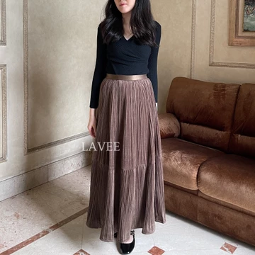 LAVEE Nami Skirt Rok Plisket Suede Panjang Rok Wanita Ruffle 2 Susun Long Pleated Maxi Skirt