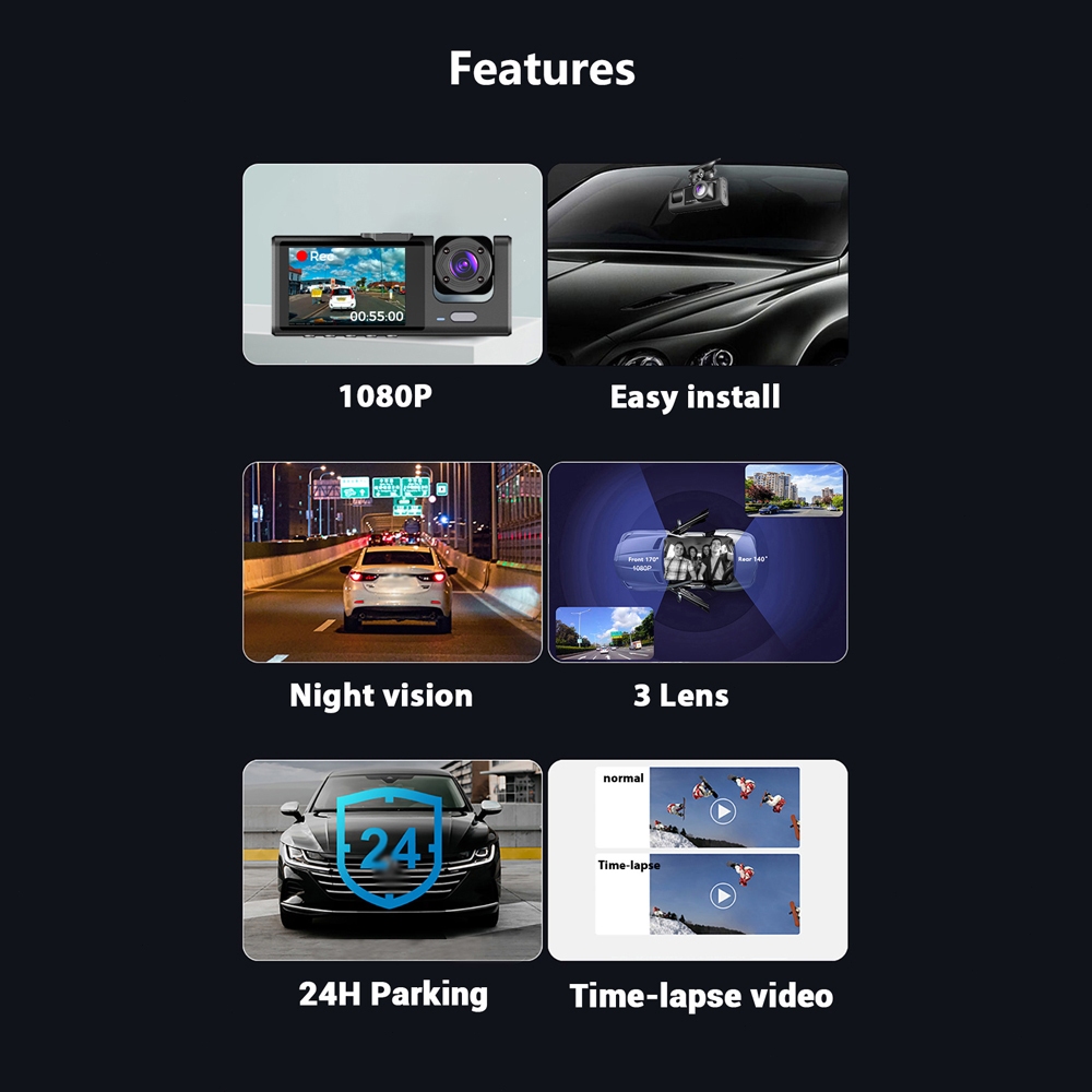 Jual [Ready]1080P DVR Dash Camera Front & Inside & Rear Camera Driving ...