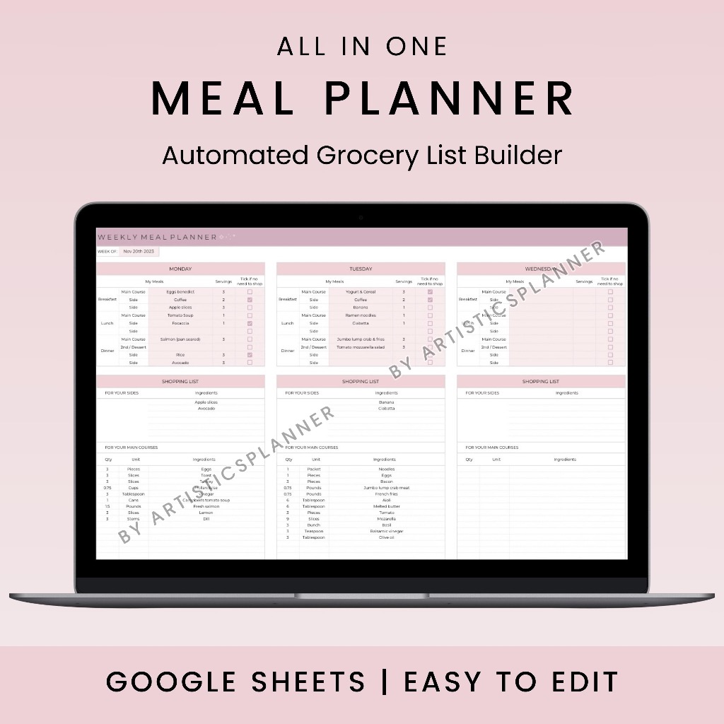 Jual Weekly Meal Planner and Grocery List | Google Sheets Digital Template | Automated Shopping ...