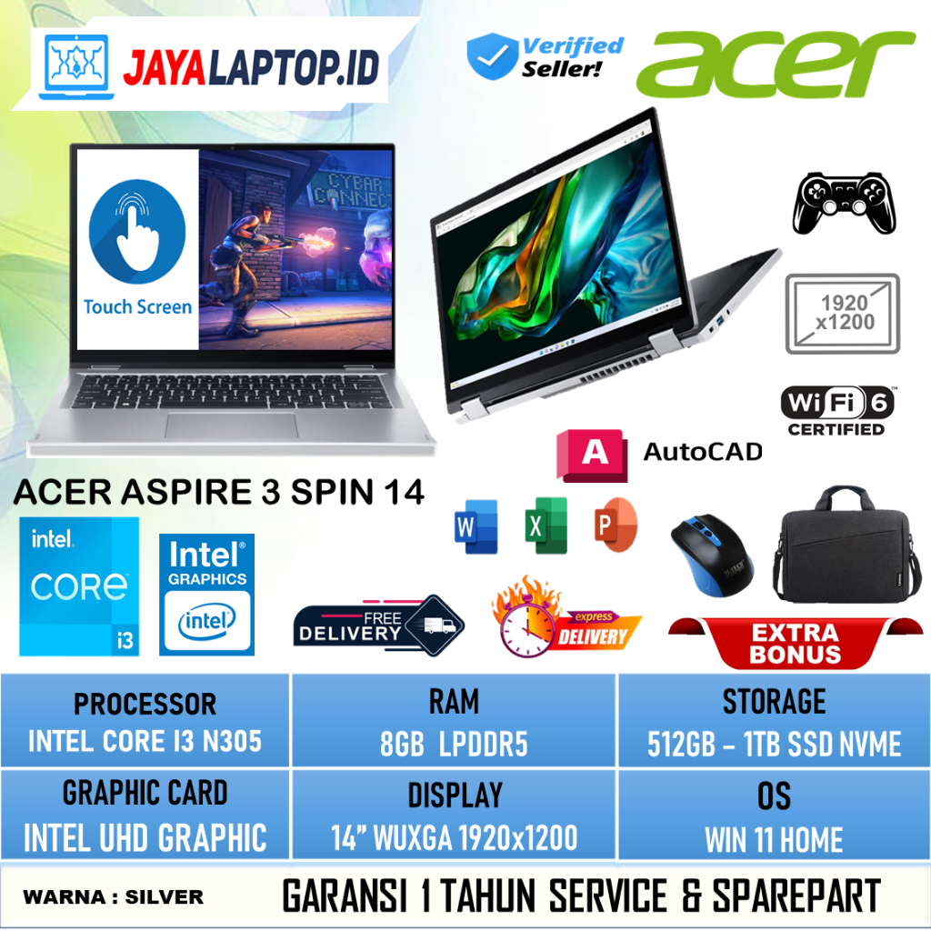 Jual ACER ASPIRE 3 SPIN TOUCH A3SP14 INTEL I3 N305 8CORE RAM 8GB 512GB ...