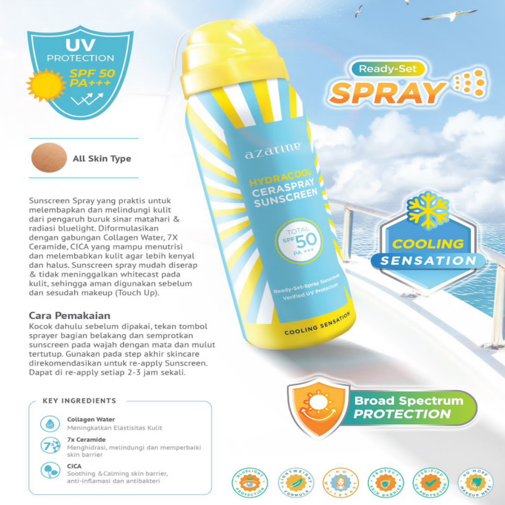 Jual AZARINE Hydracool Caraspray Sunscreen SPF 50++ 50ml | Shopee Indonesia