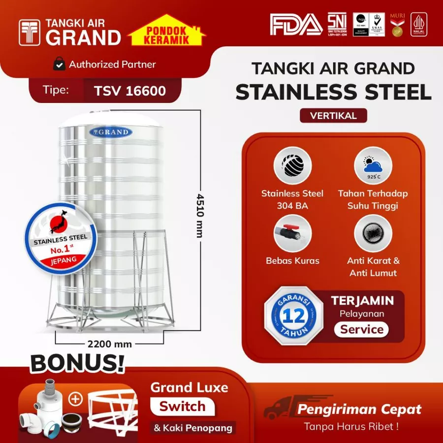 Toren Tandon Air Tangki Stainless Tedmond Grand TSV 16600 Anti Lumut & Sertifikasi Halal Pertama di Indonesia Garansi 12 Tahun