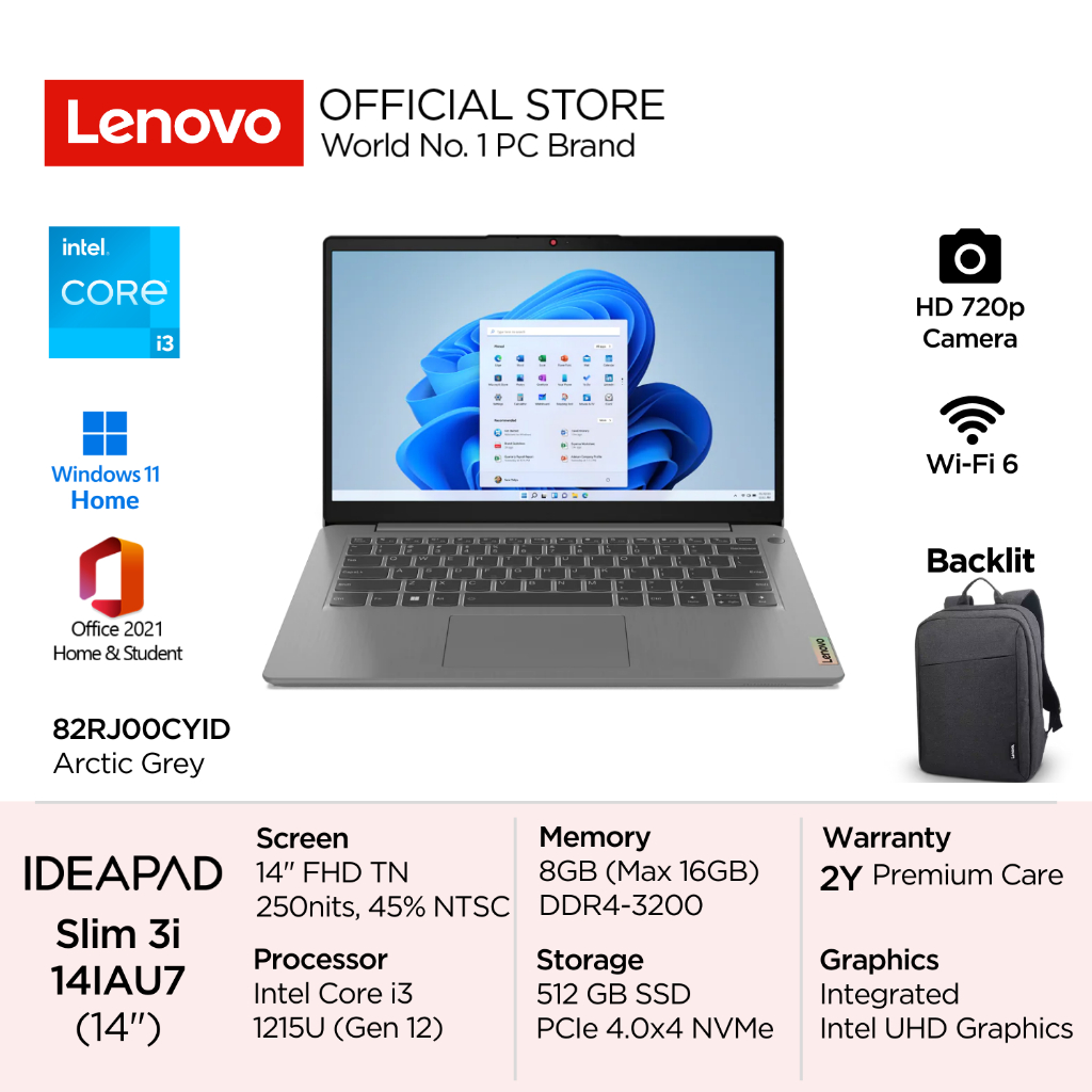 Lenovo IdeaPad Slim 3-14IAU7 CYID – Arctic Grey [i3 1215U-8GB-SSD 512GB] 