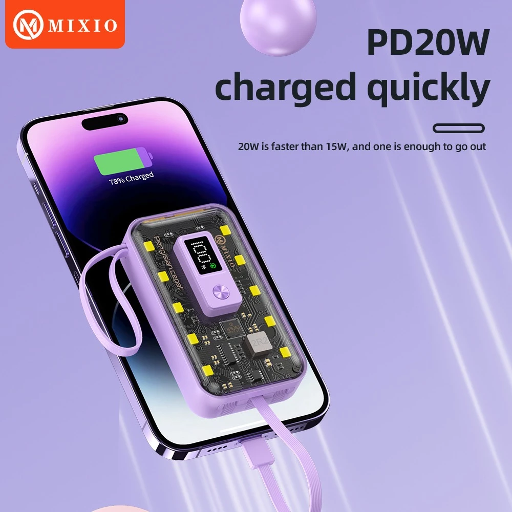 MIXIO MP-02 10000mAh 22.5W Powerbank Transparant With Kabel Fast Charging PD LED (QC4 + PD + VOOC)