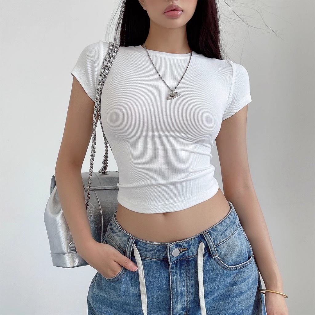 Jual [premium] Atasan Crop Ramping Melar Leher Bulat Dasar Seksi Wanita ...